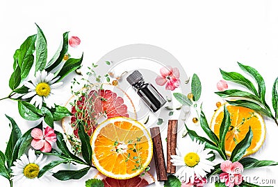 Essential oil for beauty skin. Flat lay beauty ingredients on a light background, top view. Beauty healthy lifestyle concept Stock Photo