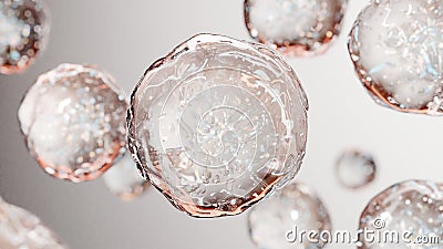 essential Oil Bubbles for cosmetics in water. Golden liquid bubbles, fluid flow. Collagen, atoms floating, Moisturizing Stock Photo