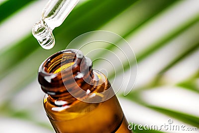 Essential oil dropping from pipette to the bottle Stock Photo