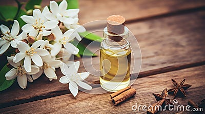 Essential oil with fresh jasmine flowers on a wooden table Generative AI Cartoon Illustration