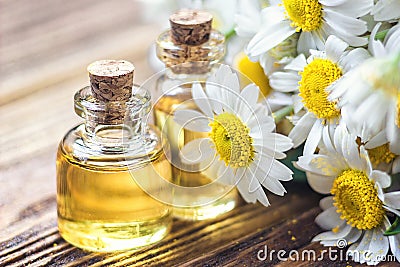 Essential oil in glass bottle with fresh chamomile flowers, beauty treatment. Spa concept. Selective focus. Fragrant oil of chamom Stock Photo