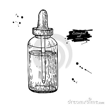 Essential oil glass bottle hand drawn vector illustration. Isolated drawing for Aromatherapy treatment, alternative Vector Illustration