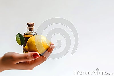 Essential Oil Of Lemon In Small Brown Bottle With Lemon In Womens Hands On White Background. Generative AI Stock Photo