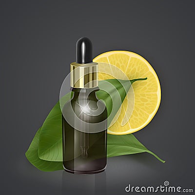 Essential oil with lemon, Vitamin C, realistic 3d illustration. Hydration serum with lemon extract. Perfect for advertising, flyer Vector Illustration