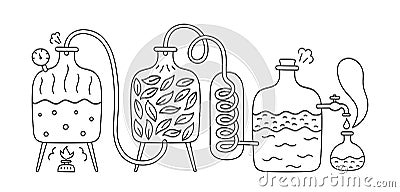 Essential oil making. Distillations aromatic oils. Perfumery substances Distiller equipment. Editable outline stroke Vector Illustration
