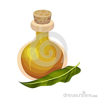 Essential Oil of Neem Plant Poured in Corked Glass Bottle with Leaf Rested Nearby Vector Illustration Vector Illustration