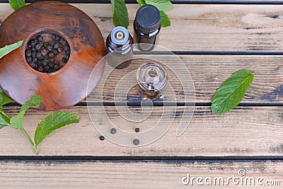 Essential oil from peppermint in bottle and mint with pepper in bowl Stock Photo