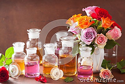 Essential oil and rose flowers aromatherapy spa perfumery Stock Photo