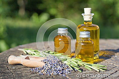 Essential oil with rosemary and lavender flowers Stock Photo