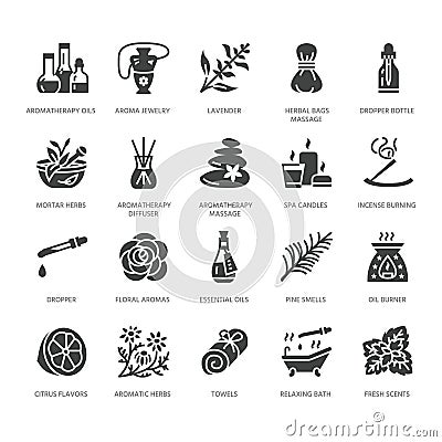 Essential oils aromatherapy vector flat glyph icons set. Elements - aroma therapy diffuser, oil burner, candles, incense Vector Illustration