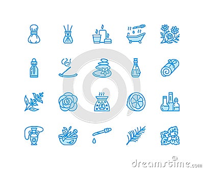 Essential oils aromatherapy vector flat line icons set. Elements - aroma therapy diffuser, oil burner, candles, incense Vector Illustration