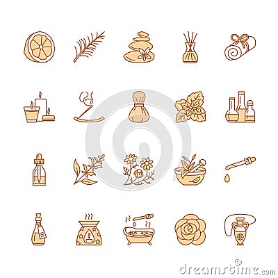 Essential oils aromatherapy vector line icons set. Elements - aroma therapy diffuser, oil burner, candles, incense Vector Illustration