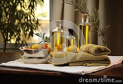 essential oils with decorative elements, illuminated by warm sunset light Stock Photo