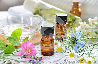 Essential oils and herbal cosmetics Stock Photo