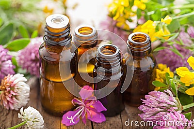 Essential oils and medical flowers herbs Stock Photo