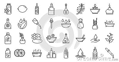 Essential oils perfume icons set, outline style Vector Illustration