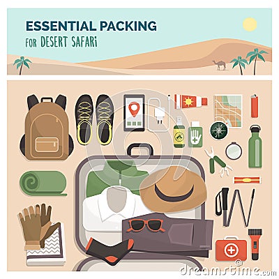 Essential packing for desert safari tour Vector Illustration