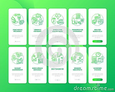 Essential supplements, consumption tips onboarding mobile app page screen with concepts set Vector Illustration