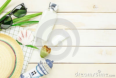 Essential travel summer items.The sunblock coconut hat Stock Photo