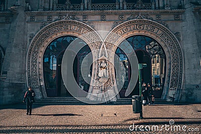 Estação do Rossio, beautiful historic entrance Lisbon, old houses, narrow streets historic old town Portugal Editorial Stock Photo