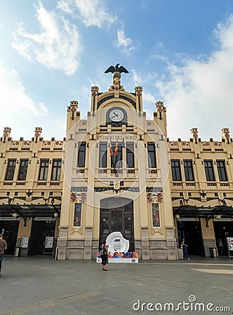 Main facade of the main railway station of Valencia, EstaciÃ³n del Norte Editorial Stock Photo