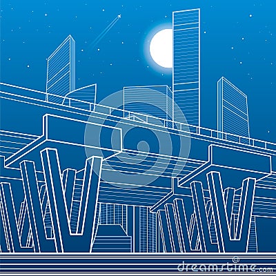 City architecture and infrastructure illustration, automotive overpass, big bridge, urban scene. Night town. White lines on blue b Vector Illustration
