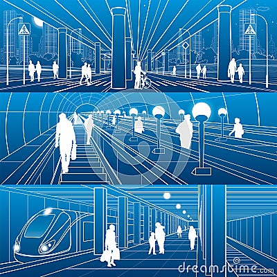 Set of city transport infrastructure illustrations. Street and in underground scene. People urban life. Outline images for your pr Vector Illustration