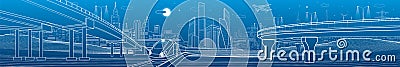 Urban large panorama. Modern city skyline outline illustration. Train rides on bridge. Illumination highway. Car overpass. Town in Vector Illustration