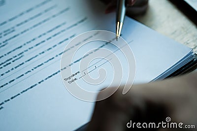 Estate agent with customer after contract signature of buying house, Sign contract for more money, US Dollar banknotes money on Stock Photo