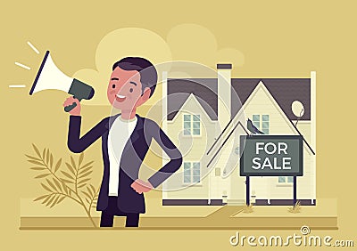 Estate agent, male realtor with megaphone selling house Vector Illustration