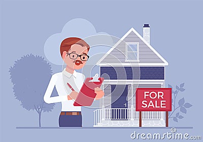 Estate agent, smart male realtor listing, marketing home Vector Illustration