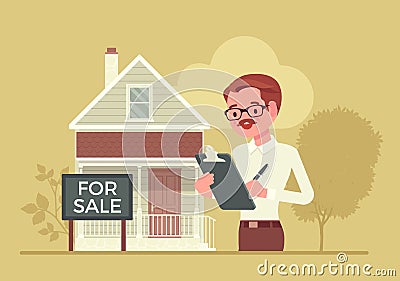 Estate agent, smart male realtor listing, marketing home Vector Illustration