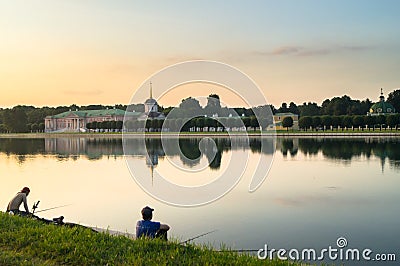 Local fishers on the pond in museum-estate Kuskovo, Moscow. Editorial Stock Photo