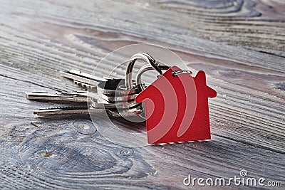 Estate concept with key, red keychain with house symbol Stock Photo