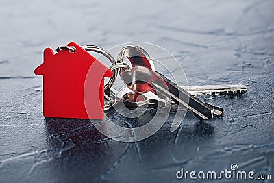 Estate concept with key, red keychain with house symbol, concrete Stock Photo