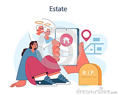Estate management. A woman navigates property inheritance with a digital Vector Illustration