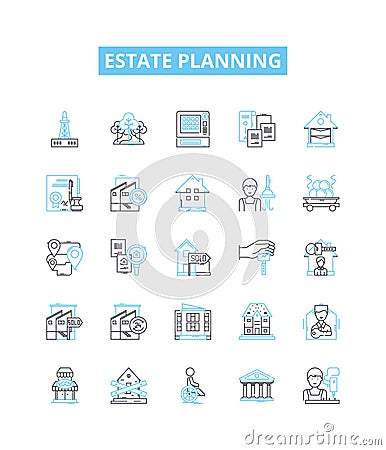 Estate planning vector line icons set. Estate, Planning, Attorney, Will, Probate, Trusts, Taxation illustration outline Vector Illustration