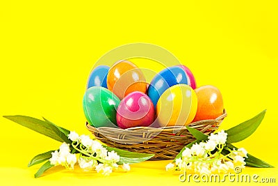 Ester eggs in basket traditional celebrate Stock Photo