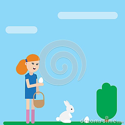 Ester holiday card. Girl is collecting eggs Vector Illustration