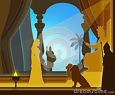 Esther appears unsummoned before King Ahasuerus. Paper art. Abstract, illustration, minimalism. Digital Art. Bible story. Stock Photo