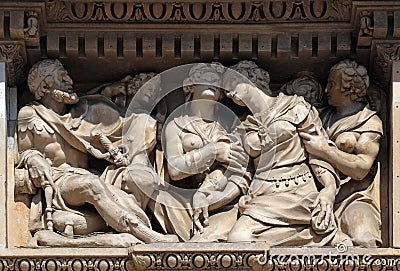 Esther and King Ahasuerus, marble relief on the facade of the Milan Cathedral, Duomo di Santa Maria Nascente, Milan Editorial Stock Photo