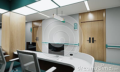 Esthetic and clean modern hospital reception and corridor, private clinic or vet waiting room with empty posters and walls. Stock Photo