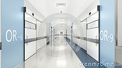 Esthetic and clean modern hospital surgery block corridor, private clinic or vet operating room with sliding doors Stock Photo