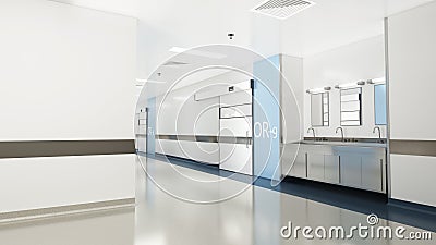 Esthetic and clean modern hospital surgery block corridor, private clinic or vet operating room with sliding doors Stock Photo