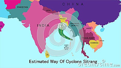 estimated way of cyclone Sitrang. A strong cyclone coming to West Bengal and Bangladesh Stock Photo
