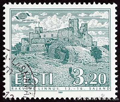 ESTONIA - CIRCA 1994: A stamp printed in Estonia from the `Castles` issue shows Rakvere Castle, circa 1994. Editorial Stock Photo