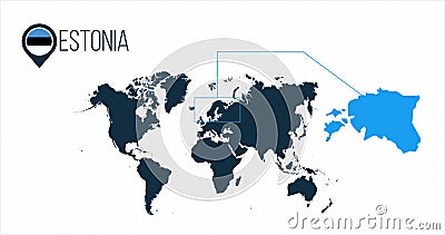 Estonia location on the world map for infographics. All world countries without names. Estonia round flag in the map pin or marker Cartoon Illustration