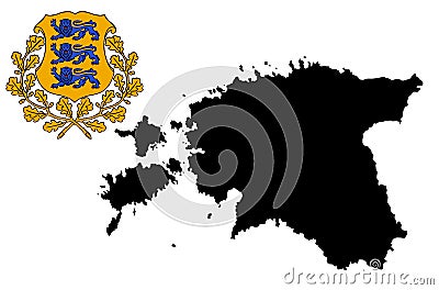 Estonia map silhouette. Estonia coat of arms, emblem, national symbol. Estonia shield or crest. Cartoon Illustration