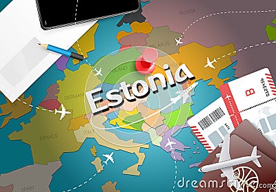 Estonia travel concept map background with planes, tickets. Visit Estonia travel and tourism destination concept. Estonia flag on Stock Photo