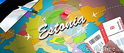 Estonia travel concept map background with planes, tickets. Visit Estonia travel and tourism destination concept. Estonia flag on Stock Photo